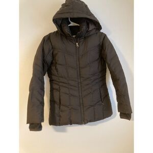 Girls Lands' End Chocolate Brown Down Puffer jacket size 7-8 Thumb Holes